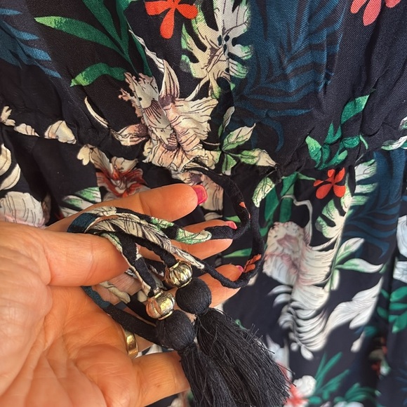 Women’s tropical strapless high slit wide leg jumpsuit rayon draw string waist L - Picture 5 of 10